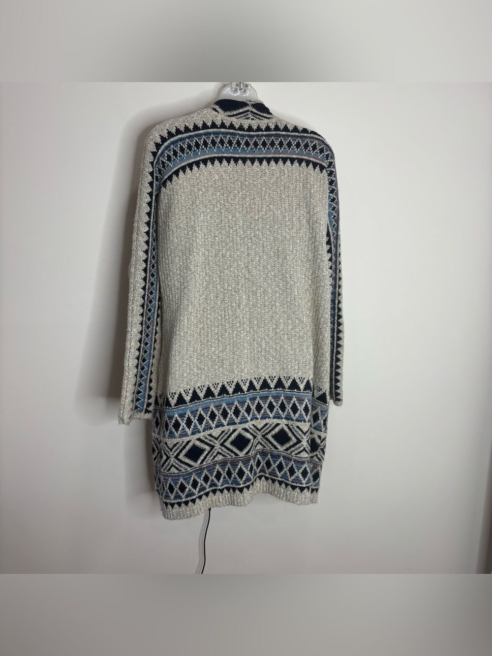 Lucky Brand Cream tan Navy Geometric Open Front Cardigan sweater medium boho - Picture 2 of 6